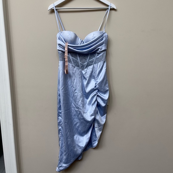 Oh Polly Heart’s Desire Asymmetrical Corset Midi Dress in Blue - Picture 2 of 5